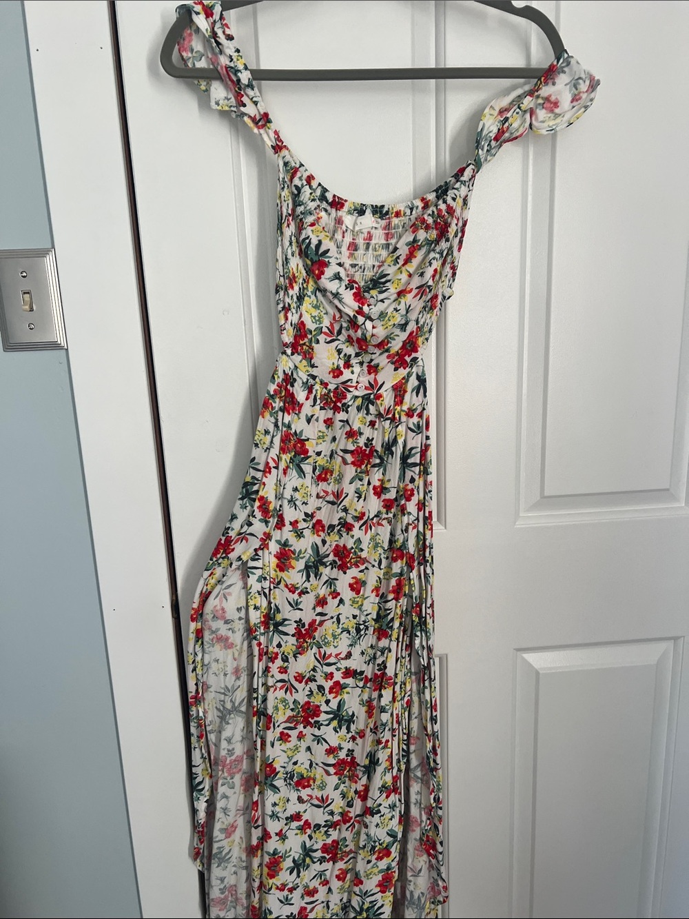 Lush White Maxi Dress with Red Floral & Green Leaf Print